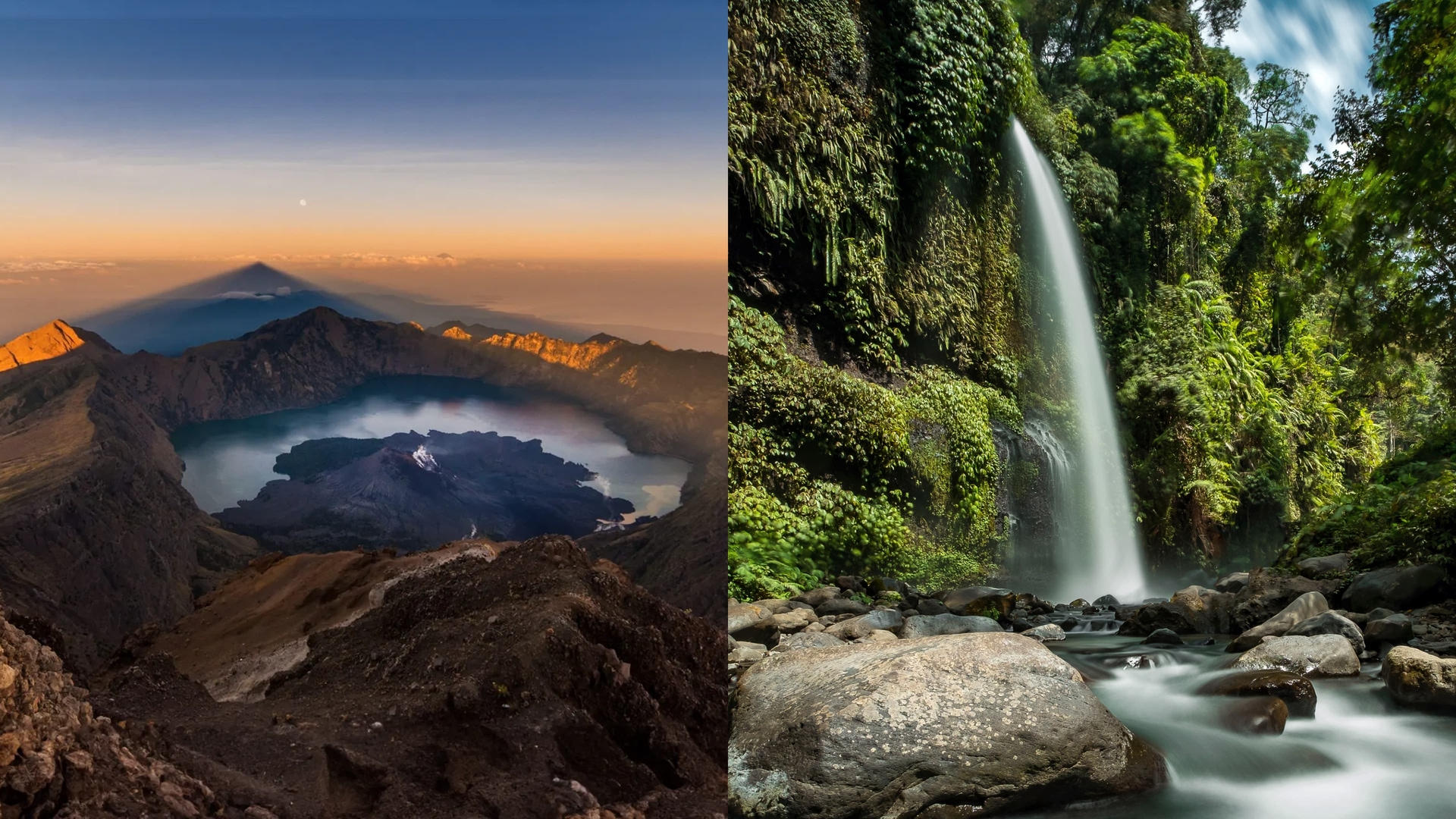 Mount Rinjani crater lake seen from the summit at sunrise, and Sendang Gile waterfall in dense jungle, Lombok